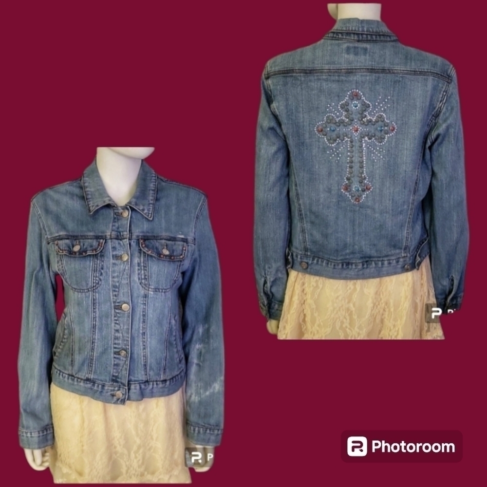 Vtg BIT & BRIDLE Cowboy Core Western Denim Bedazzled Cross Jean Jacket